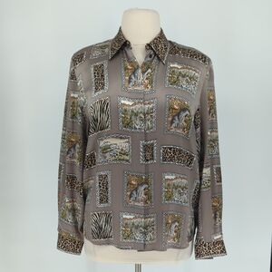 30135 Betty Reiter Animal Print Satin Button Down Shirt gray size XXL safari